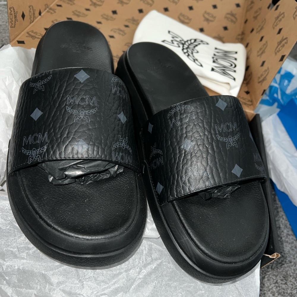 MCM Black Logo Slide Sandals M8